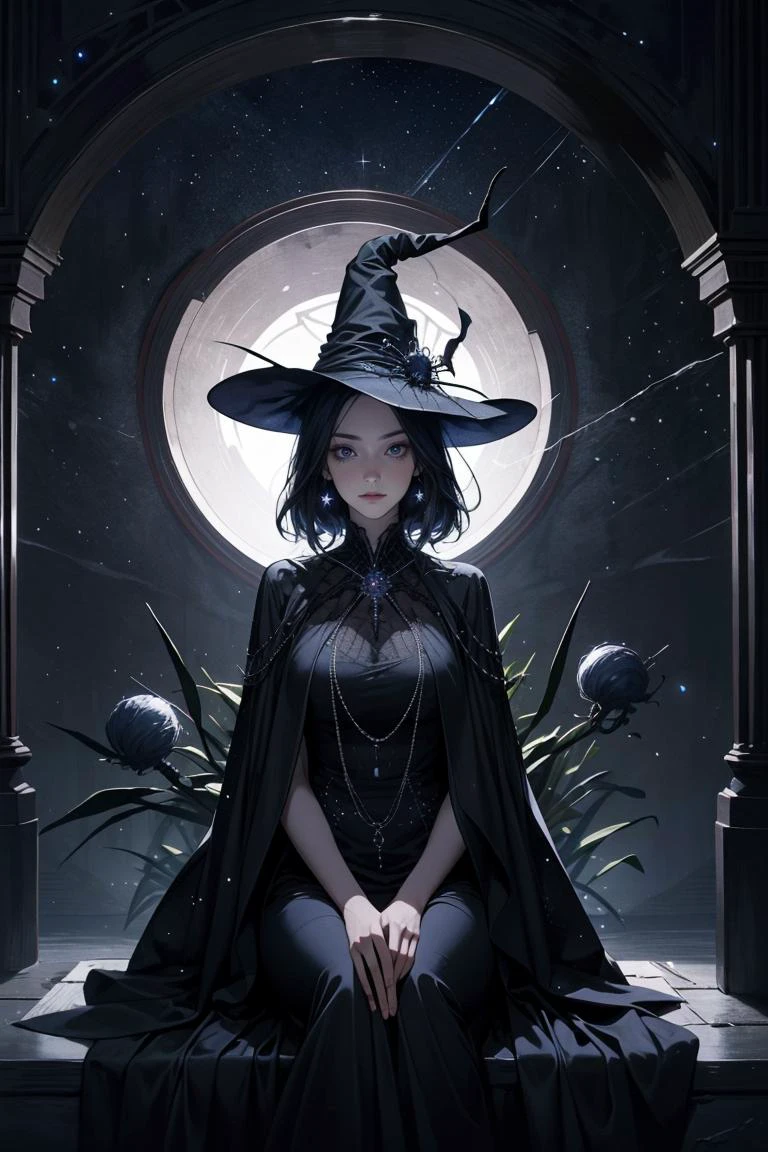 1girl, a witch, sitting in a front of ((magical portal)), sinister  expressions , huge cauldron, spider webs, portal shows night sky with stars witch, indoor, ((portal to another world)), low key lighting  dark theme2 Haute_Couture, designer dress, wearing Haute_Couture 