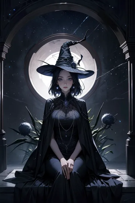 1girl, a witch, sitting in a front of ((magical portal)), sinister  expressions , huge cauldron, spider webs, portal shows night...