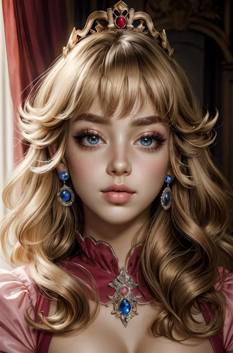 (masterpiece, top quality, best quality, official art, beautiful and aesthetic:1.2), (1girl), extreme detailed, colorful, highest detailed, princess peach, large breasts,  elegant dress, tasteful cleavage, parted lips:0.8, burgundy lipstick, blushing, dark makeup, eyelashes, perfect eyes, perfect eyebrows, perfect eyelashes, bedroom eyes, seductive look, pout, (face, closeup portrait:1.3), background:throne room, long finger nails, painted fingernails, touching face<lora:detailed_notrigger:0.5>,  <lora:edgHauteCoutureIV:0.4>, <lora:ppeach:0.6>