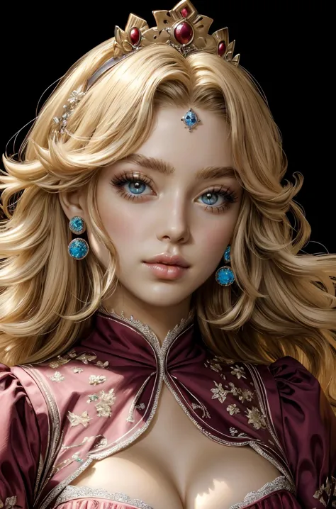 (masterpiece, top quality, best quality, official art, beautiful and aesthetic:1.2), (1girl), extreme detailed, colorful, highest detailed, princess peach, large breasts,  elegant dress, tasteful cleavage, parted lips:0.8, burgundy lipstick, blushing, dark makeup, eyelashes, perfect eyes, perfect eyebrows, perfect eyelashes, bedroom eyes, seductive look, pout, (face, closeup portrait:1.3), background:throne room, long finger nails, painted fingernails, touching face<lora:detailed_notrigger:0.5>,  <lora:edgHauteCoutureIV:0.4>, <lora:ppeach:0.6>