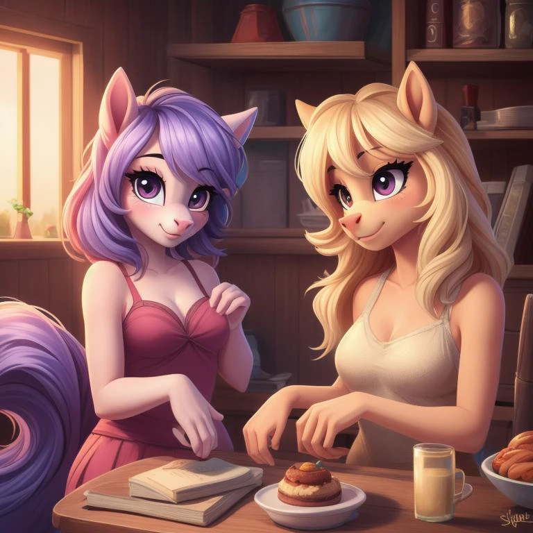 image of two anthro pony girls, furry, female, beauty, cute, adorable, hi res, sharp, detailed background