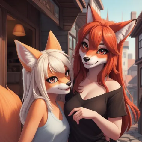 image of two anthro fox girls, furry, female, beauty, cute, adorable, hi res, sharp, detailed background