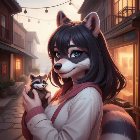 image of anthro racoon girl, female, humanoid, furry, beauty, cute, adorable, hi res, sharp, detailed background