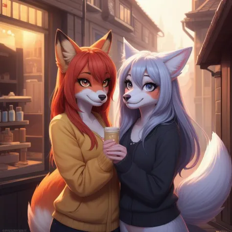 image of two anthro fox girls, furry, female, beauty, cute, adorable, hi res, sharp, detailed background