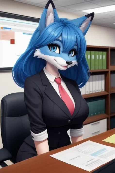 absolutely outstanding image of cute blue fox furry girl, anthro, beauty, office outfit, hi res, (thicc:0.8)