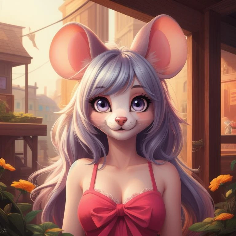 imagem colorida de antro mouse girl, fêmea, Peludo, beleza, bonitinho, adorável, nada ali, afiado, fundo detalhado