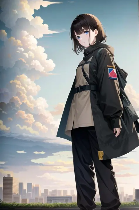 masterpiece, anime, very detailed, dystopian, (beautiful eyes), (bangs), brunette, Woman,  detailed face, detailed skin, (asian:0.6), baggy clothes, ((skyline)), cumulonimbus clouds, busy street, polluted, dust,