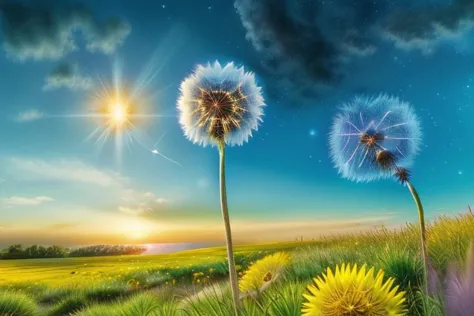detailed, masterpiece, day, stars, starry sky, grass, dandelion field, colorful, bright, blue light, flowers, petals, windy, ghi...