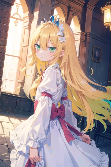 anime girl with long blonde hair and blue eyes in a white dress