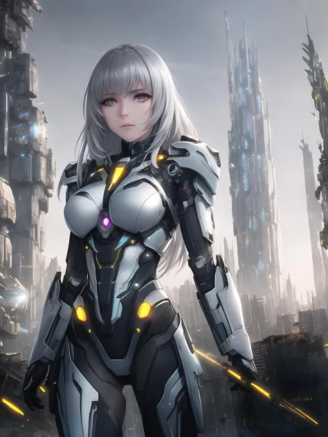 award winning photo of a beautiful cyborg woman, wearing titanium futuristic armor, destroyed futuristic city in background, hig...