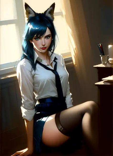 (spread legs:1.2), kneeling, blue hair, medium hair, fox ears, hands behind back, blue eyes, eyeshadow, beautiful girl, medium b...