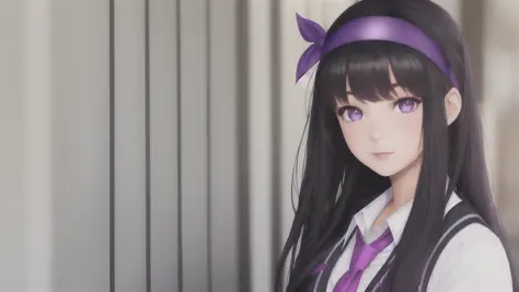 ((1girl)), purple headband, black hair, school uniform, liquid eyes, lipstick,