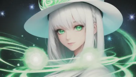 masterpiece, high quality, very detailed, 1girl, white hair, green eyes, magic, magic swirls, magic particles, dust, glowing eye...