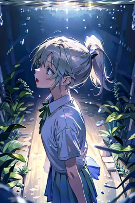 (masterpiece, best quality), 1girl, open mouth, ponytail, white shirt, green clothes, pleated skirt, looking up, forest, dark cl...