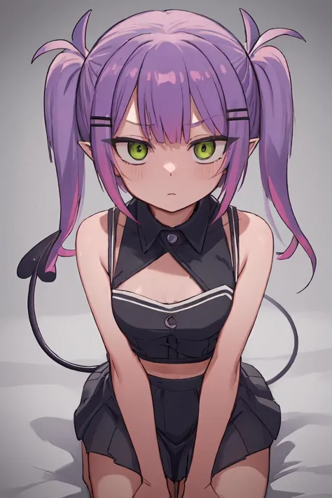 a cartoon girl with purple hair and green eyes sitting on the ground