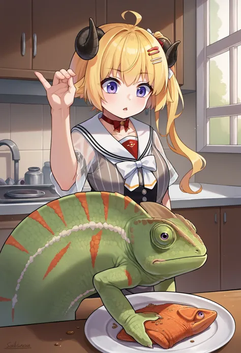 anime girl with horns and horns holding a plate with a lizard on it