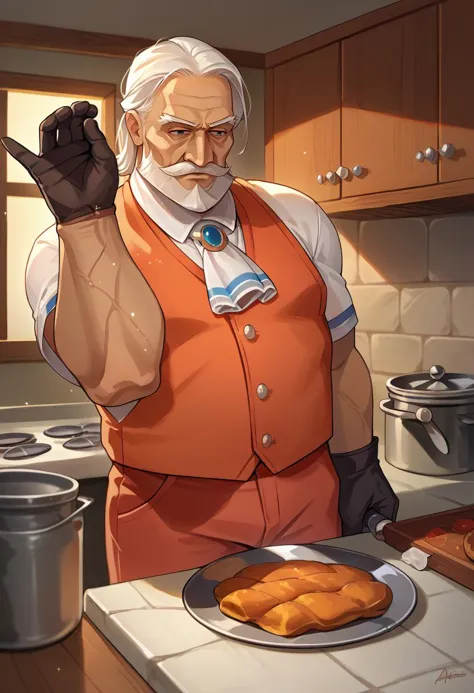 anime character in orange vest holding a knife in a kitchen