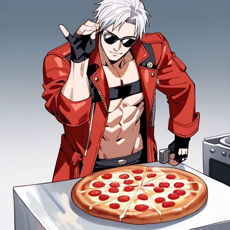 score_9, score_8_up, score_7_up, solo, anime screencap style, salt bae meme, standing in front of a pizza, pinching salt on pizz...