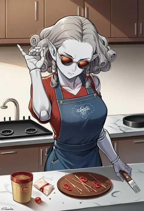 a close up of a person in an apron with a pizza on a counter