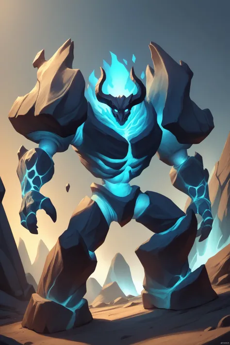 a stylized image of a giant blue monster in a desert