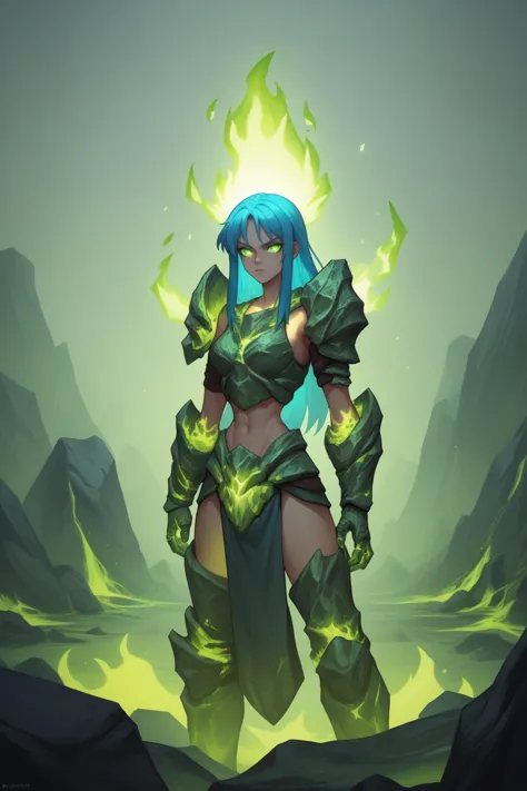 a woman with blue hair and a green outfit stands in a rocky area