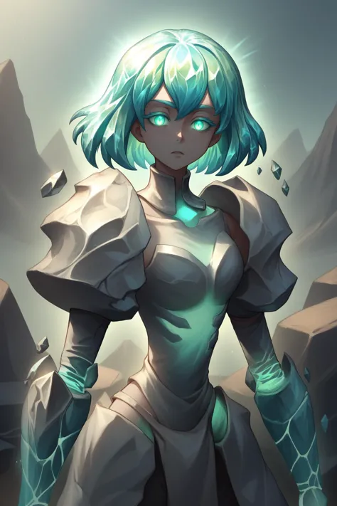 a woman with blue hair and a white outfit stands in front of a mountain