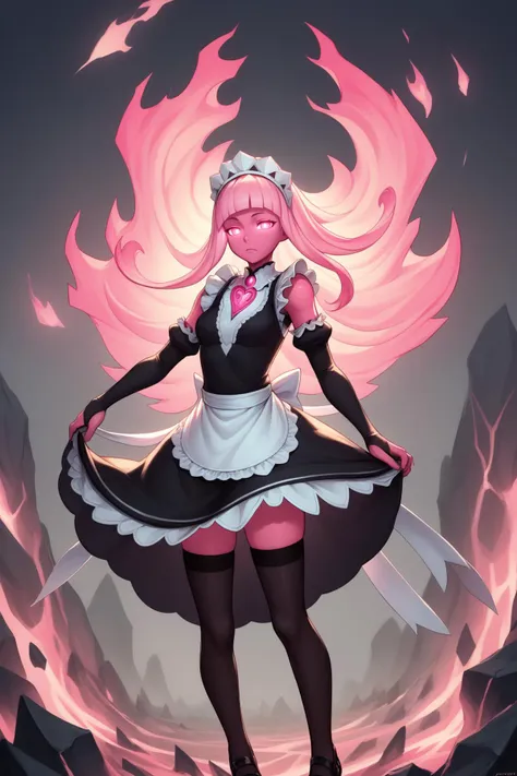 a woman in a maid outfit standing in front of a fire