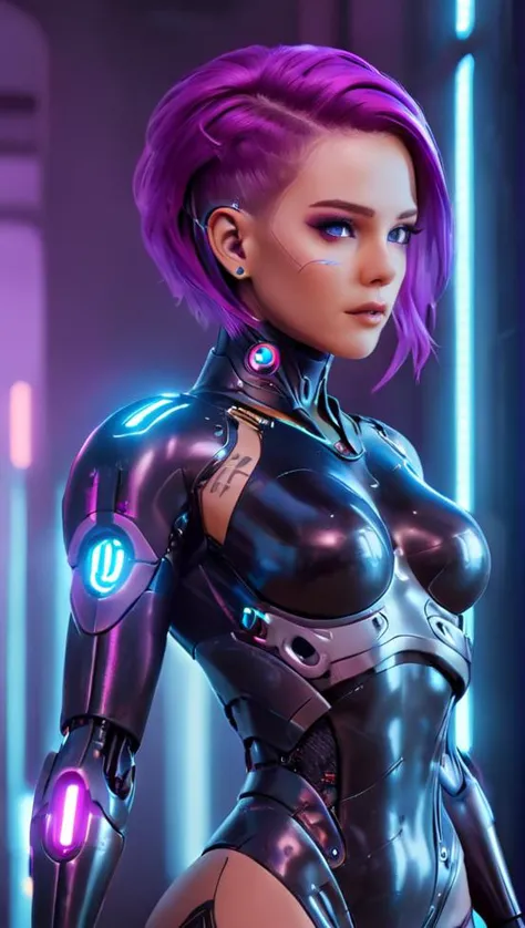 cinematic film still neonpunk style futuristic style biomechanical style 1woman,breasts,hologram,makeup,multicolored_hair,solo,t...