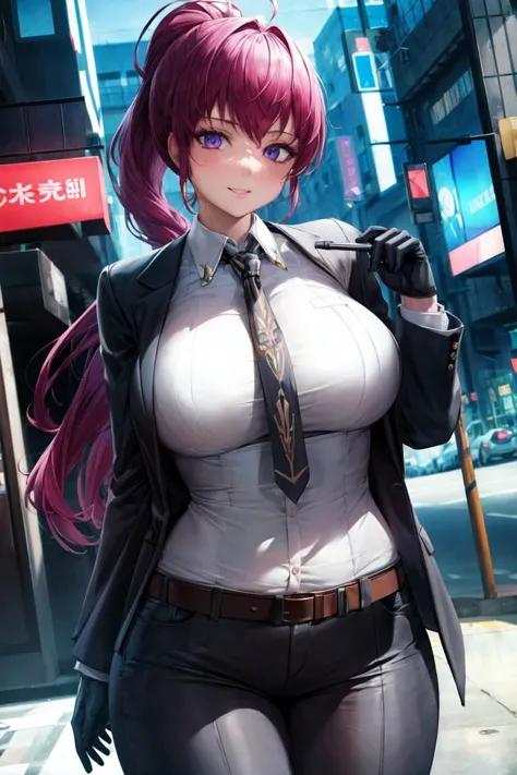 masterpiece, best quality,high quality, official art,detailed,highres,absurdres,incredibly absurdres,ray_tracing,intricate details,depth of field, extremely delicate and beautiful,4k,1girl,cowboy shot, looking at viewer,
dolla \(nikke\), purple eyes, dolladef, suit, jacket, black gloves, black pants, necktie, black jacket, 
outdoors, cityscape, street, cyberpunk, 
standing, 
seductive smile,
large breasts,curvy,narrow waist,(mature female,milf),lady,<lyco:GoodHands-beta2:1.0>,