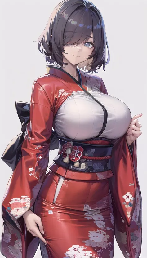 hair over one eye,
(japanese clothes:1.28),
smile,closed mouth,
lady,mature female, cowboy shot,
(white background, simple background:1.18),
highres,official art,original,masterpiece,best quality,
(huge breasts),
 <lora:Connor:0.81>