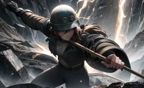 masterpiece, best quality, highres, intricate details,(perfect face),
1lady,mature female, solo,necklace,long hair,wavy hair,shiny skin,see-through,
Miner, A miner is extracting a vein of precious ore deep within a mountain, The miner wears a rugged leather jacket and trousers, with a helmet and headlamp to light the way, The mine is cramped and dark, with only the miner's lamp casting a small circle of light, The miner is chipping away at the vein of ore with a pickaxe, With a steady hand, the miner chips away at the ore, revealing its precious contents, The miner's face is slick with sweat, their brow furrowed in concentration as they work.,rim lighting, two tone lighting,   <lora:epiNoiseoffset_v2:1>