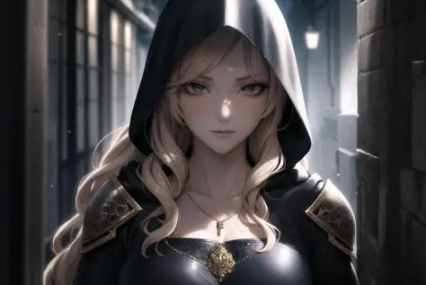 masterpiece, best quality, highres, intricate details,(perfect face),
1lady,mature female, solo,necklace,long hair,wavy hair,shiny skin,
Thief, dark hood, leather armor, dagger, lockpick, sneaking around in a dimly lit alley, picking a lock, stealing a treasure.,rim lighting, two tone lighting,   <lora:epiNoiseoffset_v2:1>