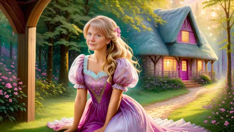 (background of a <lora:Thomas Kinkade Style:1>Thomas Kinkade Style - Thomas Kinkade style portrait of a cottage in the woods with beautiful scenery. Highly detailed)
(1 cute girl:1.8),(caucasian:1.8),(Kneeling with one hand on the heart),(age 25),(chubby body:1.3),(straight body:1.8)(Delighted Expression),(long blonde hair:1.5),(Layered Bangs),(wide hips:.9),(thick thighs:.9), (<lora:flat_chested_v4:1.5>),
( (Light Magenta:1.8) fairy dress),(long skirt), (puffy sleeves),(intricate embroidery),(lace),(sheer),<lora:xl_fairy_dress-1.0:0.5>