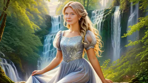 (background of a <lora:Thomas Kinkade Style:1>Thomas Kinkade Style - Thomas Kinkade style portrait of a waterfall in the wood with beautiful scenery. Highly detailed)
(1 cute girl:1.8),(caucasian:1.8),(Leaning forward, hands braced on knees),(age 25),(chubby body:1.3),(straight body:1.8)(Triumphant Expression),(long blonde hair:1.5),(French Twist),(wide hips:.9),(thick thighs:.9), (<lora:flat_chested_v4:1.5>),
( (Light Silver:1.8) fairy dress),(long skirt), (puffy sleeves),(intricate embroidery),(lace),(sheer),<lora:xl_fairy_dress-1.0:0.5>