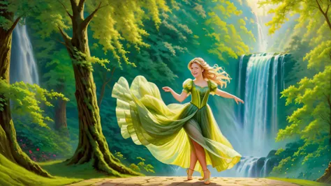 (background of a <lora:Thomas Kinkade Style:1>Thomas Kinkade Style - Thomas Kinkade style portrait of a waterfall in the wood with beautiful scenery. Highly detailed)
(1 cute girl:1.8),(caucasian:1.8),(Dancing with one arm swinging overhead),(age 25),(chubby body:1.3),(straight body:1.8)(Tranquil Expression),(long blonde hair:1.5),(Twist Out),(wide hips:.9),(thick thighs:.9), (<lora:flat_chested_v4:1.5>),
( (Dark Chartreuse:1.8) fairy dress),(long skirt), (puffy sleeves),(intricate embroidery),(lace),(sheer),<lora:xl_fairy_dress-1.0:0.5>