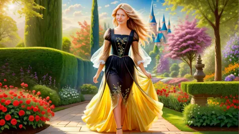 a woman in a yellow dress walking down a path in a garden