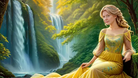 a woman in a yellow dress sitting in front of a waterfall