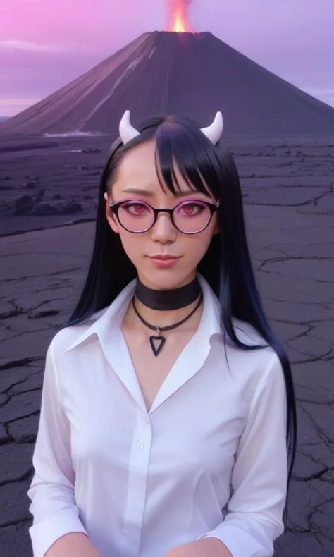 one demon woman, pink eyes, two horns, full-rimmed glasses, very long pink and black (gradient hair:1.3) in a hime cut, bangs an...