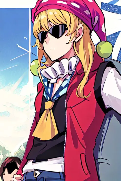 anime girl with sunglasses and a red vest and a red hat