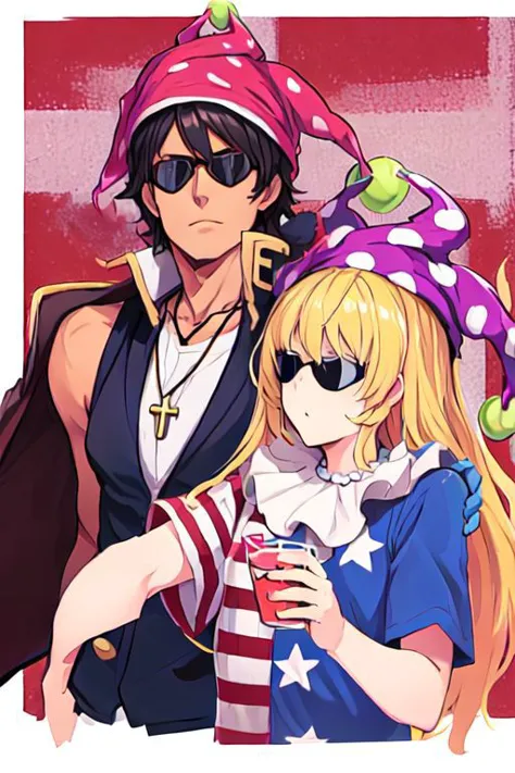 quatroglasses, clownpiece
keith_howard, Bandit Keith, vest, black_vest, jacket, blue_eyes, sunglasses, jewelry, cross, necklace, cross_necklace, short_sleeves, zentangle, bandana, blond hair and blue eyes, bandana with USA Flag,