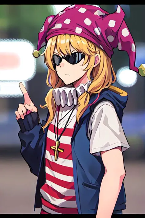 anime girl with a red and white striped shirt and a purple hat