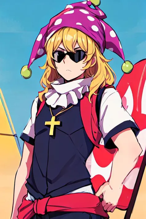 solo, 1girl, solo_focus, quatroglasses, clownpiece
keith_howard, Bandit Keith, vest, black_vest, jacket, blue_eyes, sunglasses, jewelry, cross, necklace, cross_necklace, short_sleeves, zentangle, bandana, blond hair and blue eyes, bandana with USA Flag,