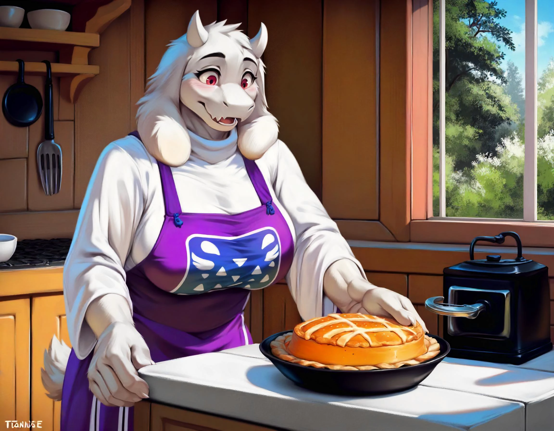 score_9, score_9_up, score_8_up, score_7_up, score_6_up, score_5_up, rating_safe, source_furry, anthro, toriel, solo, baking a pie in a stove, digital art anthro, tail, fully in view, detailed fluffy fur covered body, duo, in a cottage home indoors,
