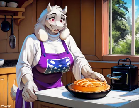 score_9, score_9_up, score_8_up, score_7_up, score_6_up, score_5_up, rating_safe, source_furry, anthro, toriel, solo, baking a pie in a stove, digital art anthro, tail, fully in view, detailed fluffy fur covered body, duo, in a cottage home indoors,
<lora:Chunie:.9>