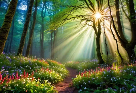 sunlight shining through the trees in a forest with flowers