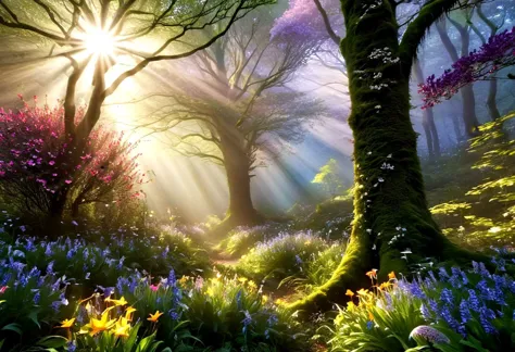 a close up of a forest with a sunbeam and flowers