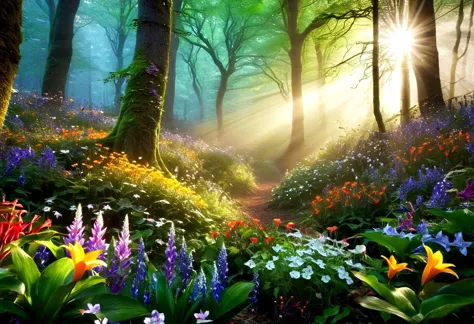 a picture of a forest with many different flowers and trees