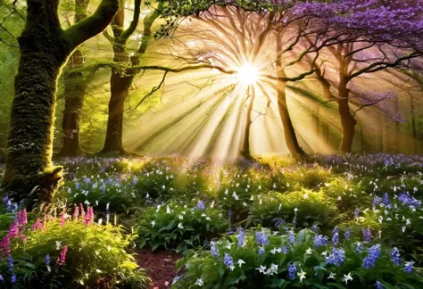 a close up of a field of flowers with trees and sun shining through the trees