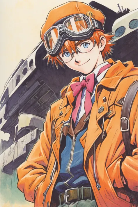 anime character with goggles and a backpack standing in front of a train