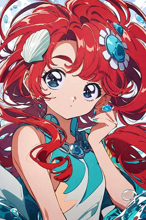 anime girl with red hair and blue dress holding a cell phone